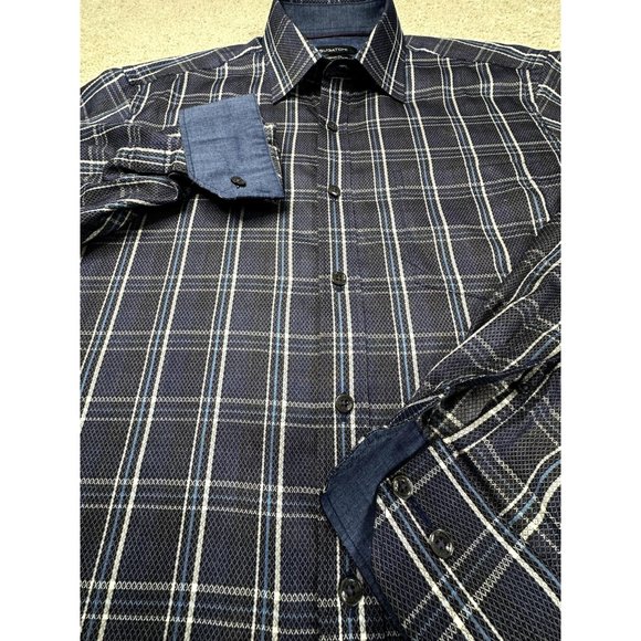 Bugatchi men's plaid long sleeve button down shirt blue and white Size Medium - Picture 5 of 7